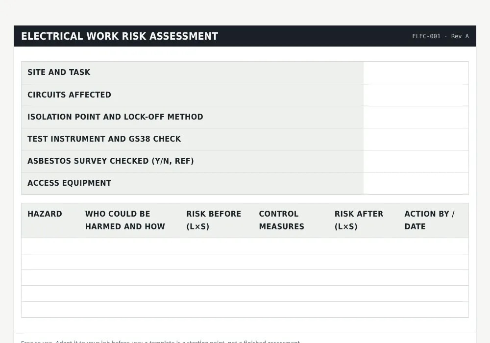 Electrician risk assessment and RAMS: preview of the free template