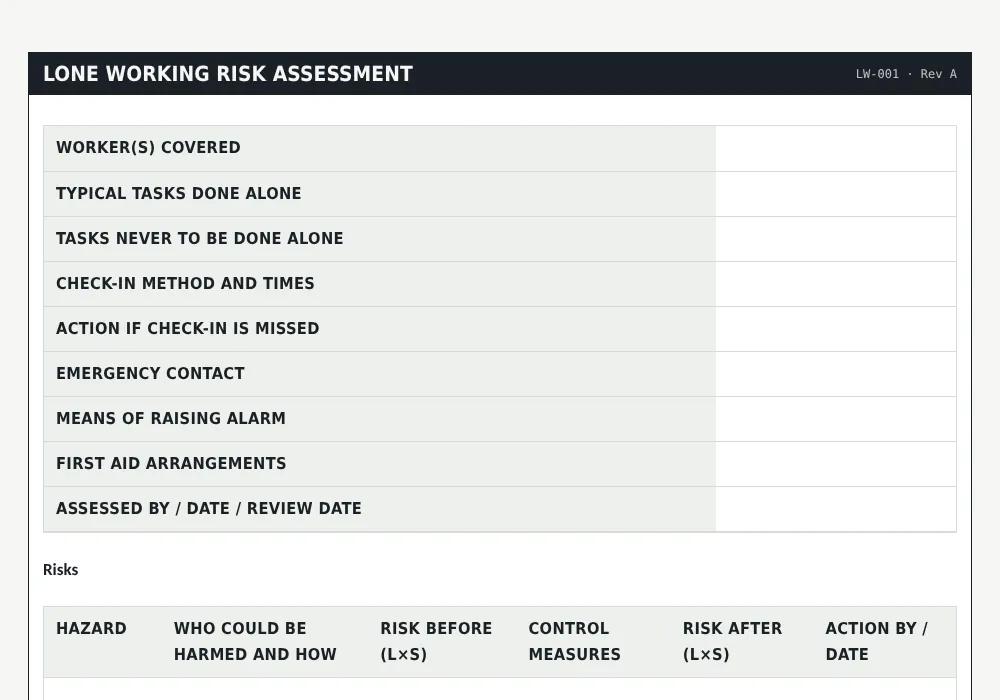 Lone working risk assessment: preview of the free template
