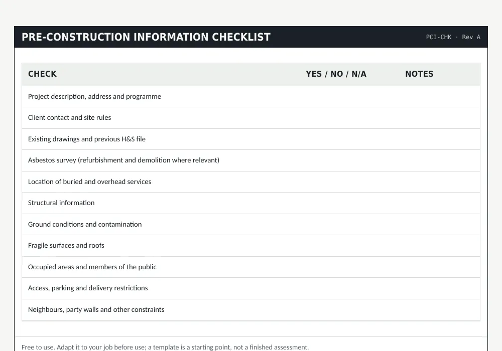Pre-construction information: preview of the free template