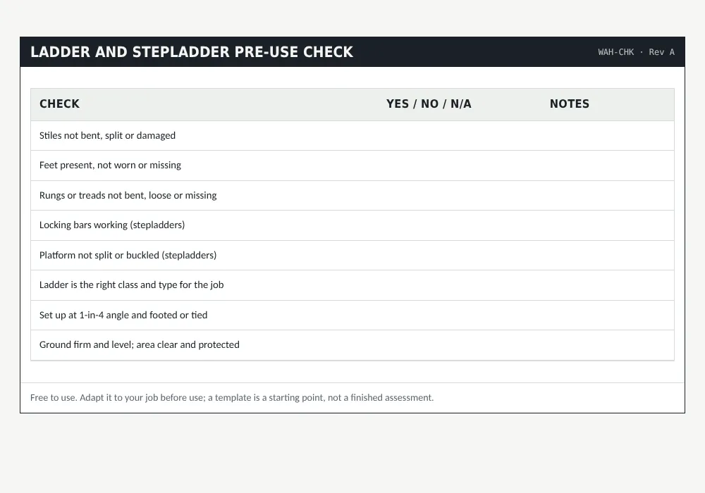 Working at height risk assessment: preview of the free template